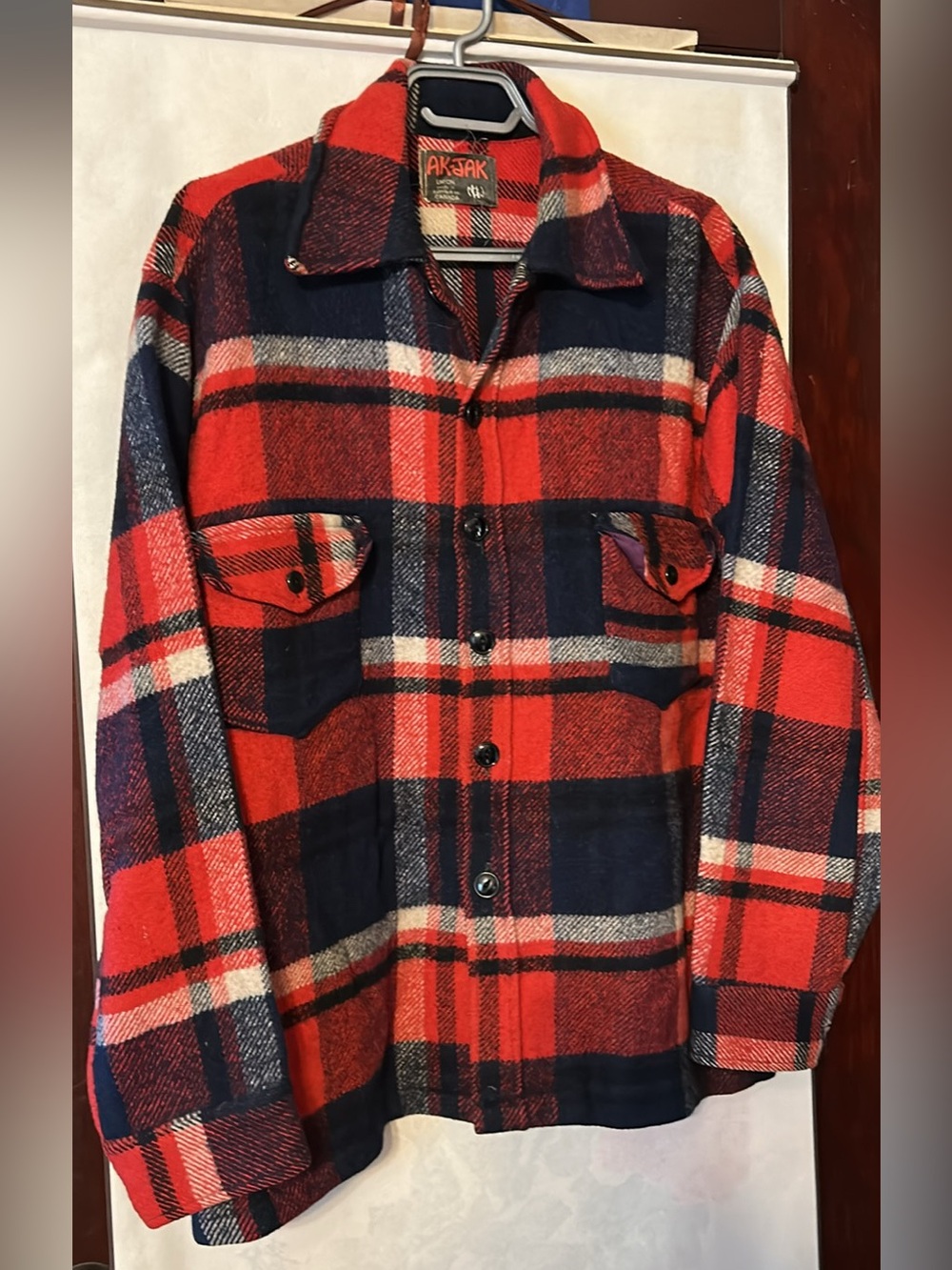 vintage 1970s AK-Jak red & blue plaid wool flannel shirt jacket made in Canada